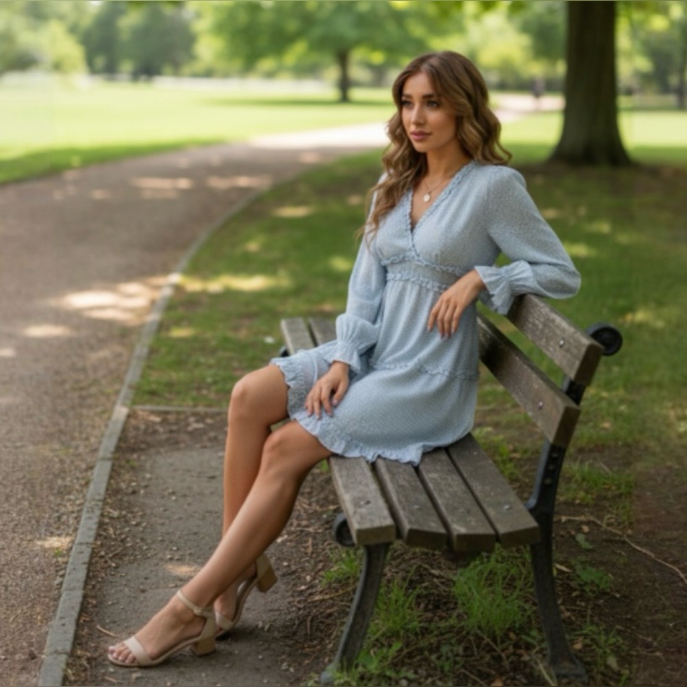 SHEIN Baby Blue Long Sleeve Ruffle Dress - Picture 5 of 9